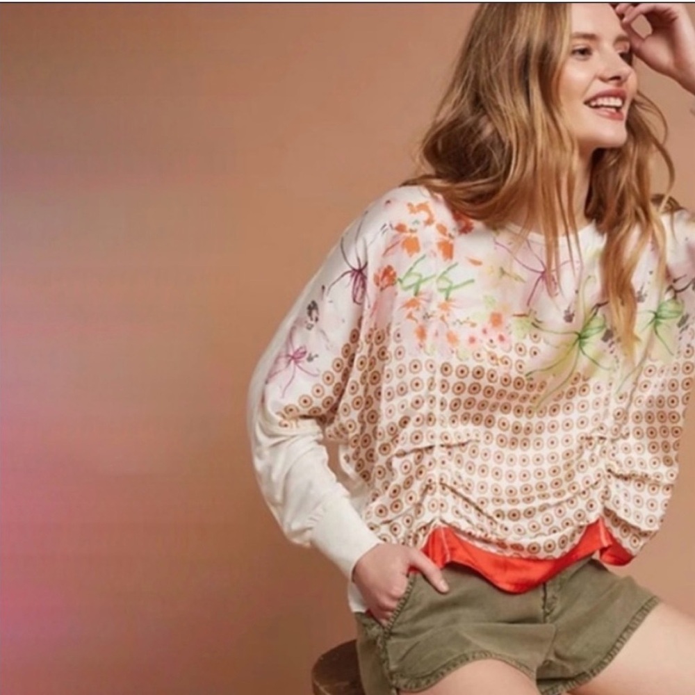 Anthropologie TINY Mixed Media Floral Geo Ruched Dolman Top XS Oversized